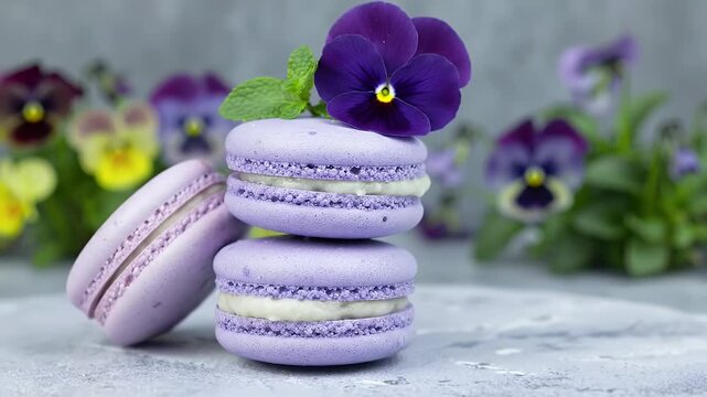 A Tall Stack of Lavender Macarons Garnished with Mint Against a Sea of Purple Pansies