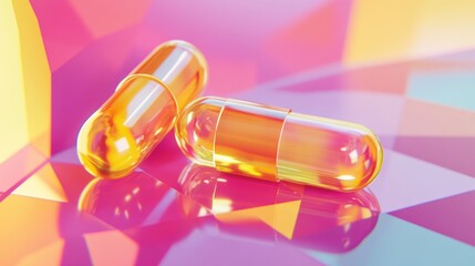 Vibrant capsules stand out against a colorful backdrop. The vivid yellow hue adds a lively touch. Perfect for health and wellness themes. Generative AI