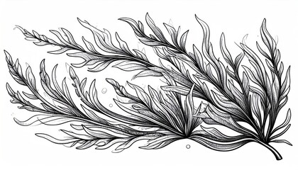 Obraz premium Detailed Line Art Illustration of Seaweed Branches on White Background.