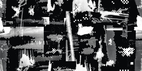 Glitch distorted grungy abstract forms . Halftone dots seamless pattern . Grange shapes .Grunge d . Vector shapes with half tone dots .Screen print endless pattern
