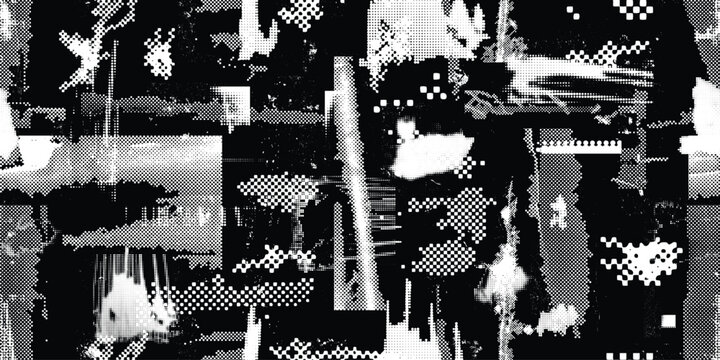 Glitch distorted grungy abstract forms . Halftone dots seamless pattern . Grange shapes .Grunge d . Vector shapes with half tone dots .Screen print endless pattern
