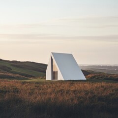 Minimalist architecture meets nature in this stunning landscape. A bold white structure stands alone on rolling hills. Embrace modern living in harmony with the environment. Generative AI