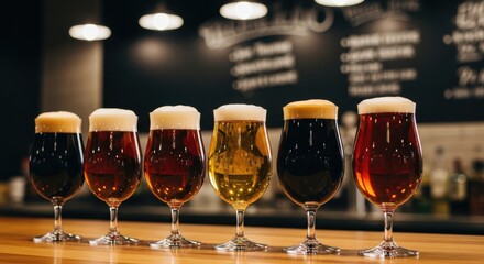 Diverse Beer Glasses Lined Up At Bar