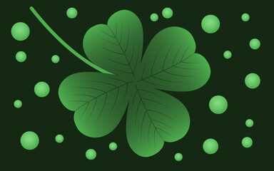 Green clover leaf and green bubbles or highlights on a green background. Vector illustration. St. Patrick's Day background. Festive banner for sales and discounts.