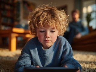 Child learning with tablet at home using educational apps