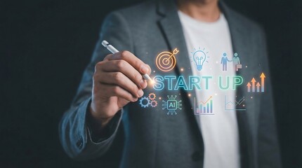 a businessman in a suit is visually presenting startup ideas using a digital pen and holographic projections of business concepts high quality professional
