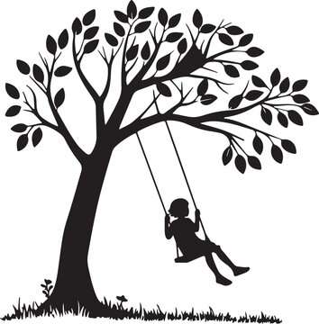 Child Swinging on Tree Swing Silhouette Illustration Isolated on White