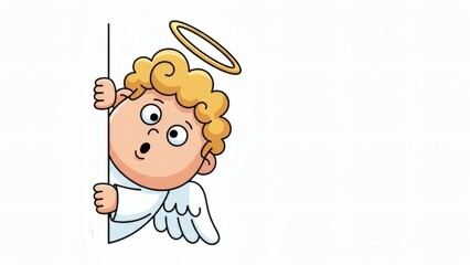 Fototapeta premium Cute surprised Angel clipart peeking around a white background, cartoon style