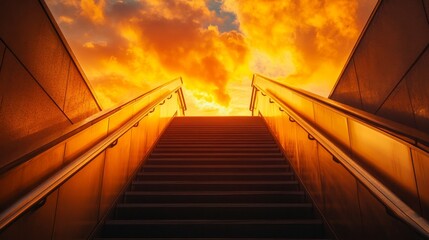 A radiant sunset illuminates a staircase leading to a new dawn. Embrace the journey and the beauty that awaits at the top. Inspiring and uplifting imagery. Generative AI