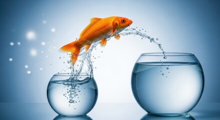 Goldfish leaps from small bowl to larger aquarium