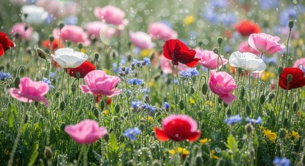 Vibrant poppy field with dew drops and bokeh lights
