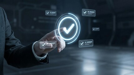 A person interacts with a futuristic digital interface displaying glowing checkmark icons indicating successful verification or confirmation in a technological setting high quality