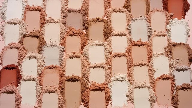 Vertical crane shot of a mosaic of various skin tone colored powder heaps on a tan backdrop, highlighted by rotating light that creates changing shadows