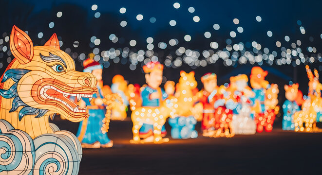 Illuminated Chinese dragon lantern display at night festival cel