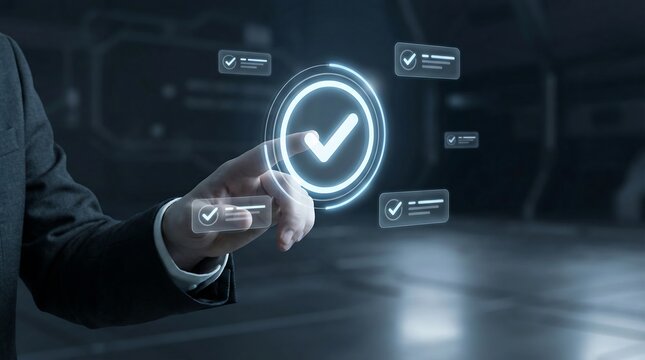 A person interacts with a futuristic digital interface displaying glowing checkmark icons indicating successful verification or confirmation in a technological setting high quality - Powered by Adobe