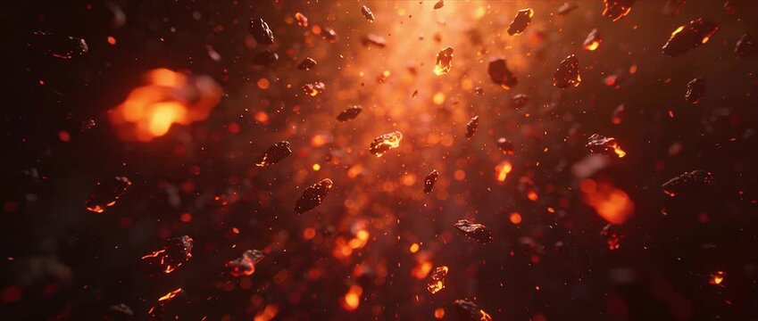 Explosion fire particle loop vdo ash ember glow dramatic abstract background cinematic effect dynamic energy hot detail of chaos lava spark heat intense flying particle ember and ash fiery magic