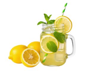 Vibrant yellow lemonade in a pristine glass mason jar with ice, lemon, mint, and a striped straw on a transparent studio background with copy space, refreshing summer beverage advertising concept