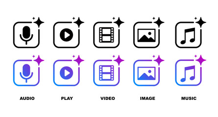 Ai generate button. Image, video, audio, play generate symbol.Set of create media file icon Collection. 