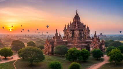 Obraz premium Ancient temple at sunrise with hot air balloons.