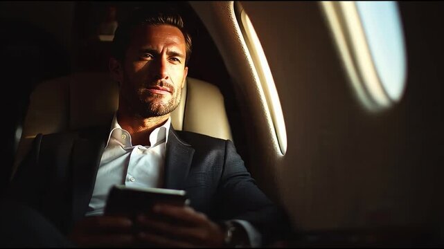 Businessman in Private Jet Looking Out Window with Tablet