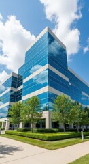 Modern Glass Office Building Reflecting Blue Sky Clouds