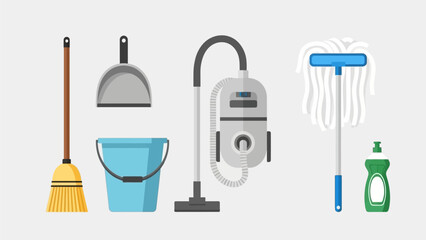 This organized flat design vector illustration displays a comprehensive collection of essential house cleaning tools, perfect for representing domestic tasks or cleaning services. 
