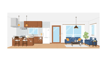This conceptual flat design vector illustration portrays a pristine home interior with sparkling effects, symbolizing the ultimate result of thorough cleaning and hygiene. 