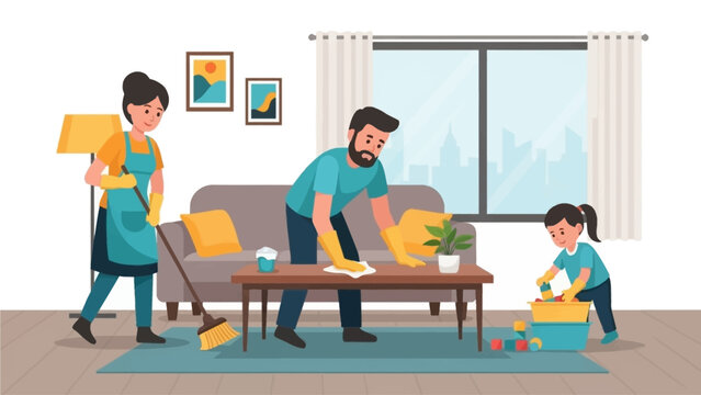 A cheerful flat design illustration showing a family collaborating to clean their living room, representing teamwork and shared household responsibilities.