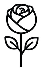Simple black outline drawing of a single rose with a stem and two leaves, depicting a classic floral symbol in a minimalist style.