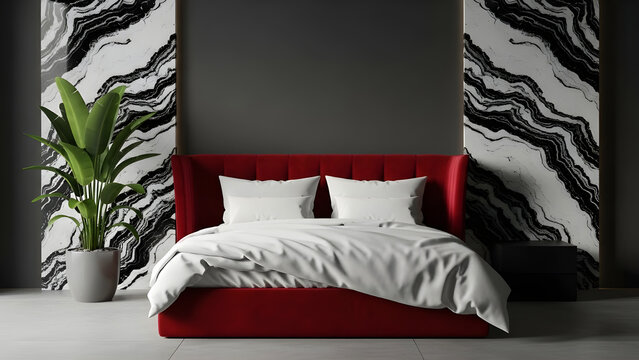 Vibrant red bed and striking monochrome abstract panels create a chic modern bedroom interior