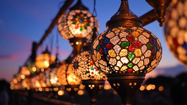 Moroccan Lanterns Glow at Dusk with Vibrant Colors Illuminate Evening Sky.