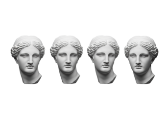 Four identical transparent plaster casts of classical female heads, idealized, classic hair, isolated on a transparent background, concept of classical art reproduction