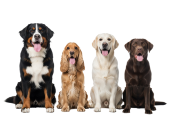 Bernese, golden Cocker, cream Golden, chocolate Lab dogs, panting, looking at camera, white studio background, copy space, bright light, concept of dog companionship & breed diversity