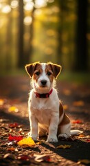 Adorable jack russell puppy in autumn forest sunlight