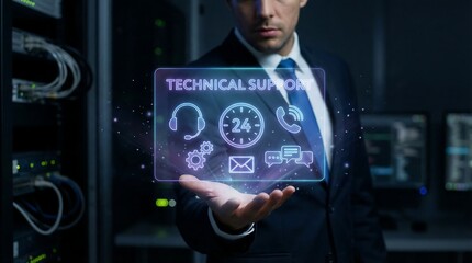 a professional man in a suit examines a glowing holographic display representing technical support services within a data center environment high quality detailed