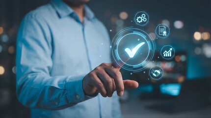 a man in a blue shirt interacts with a holographic display of digital icons representing data and verification processes in a blurred background