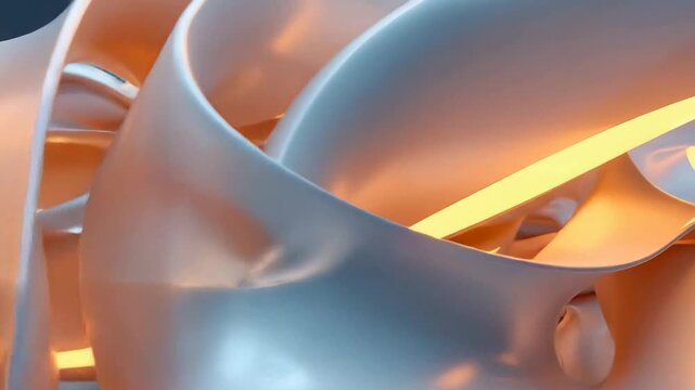 Abstract wavy shapes interlock, forming a smooth, reflective surface with warm, golden highlights.