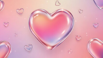Stunning Glossy Iridescent Glass Heart on a Vibrant Pink Gradient Background with Sparkles