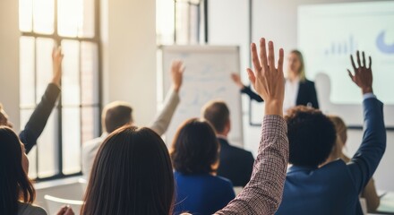 Diverse audience raising hands during business seminar