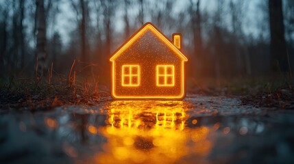 Glowing orange house icon in forest