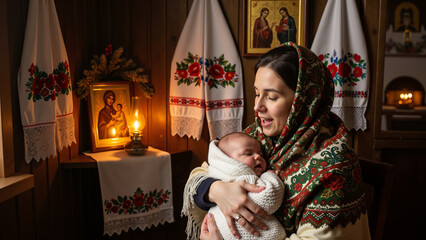 The mother, wearing a warm headscarf, is rocking her child to sleep, singing a Christmas carol. Embroidered towels hang on the walls, and an icon with a lampada (oil lamp) stands in the corner.