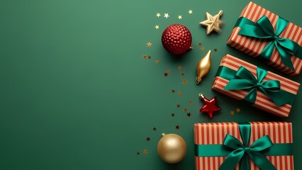 Elegant Striped Holiday Gift Boxes with Satin Bows on Deep Green Surface