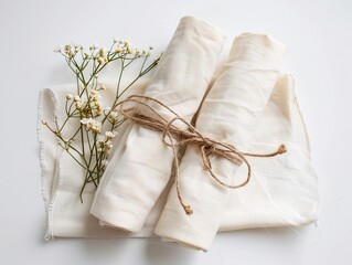 Cotton fabric rolls with white flowers arranged on a light surface during daylight hours