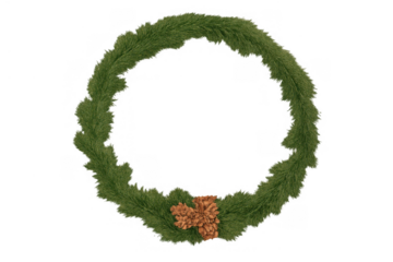 Christmas wreath decorating frame with natural pine needles and brown pine cones for winter holidays, transparent background