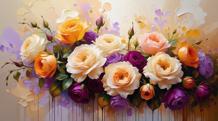 Floral oil painting: roses, purple flowers, green foliage. Expressive, textured, drips. Abstract background. Impressionistic. Wallart.