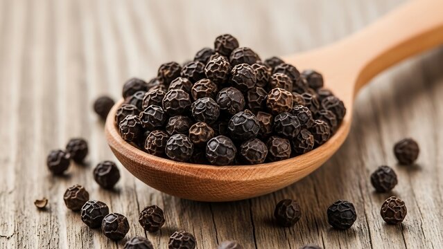 Black peppercorns in wooden spoon on table. - Powered by Adobe