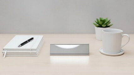 Minimalist Workspace with Notebook, Pen, Desk Lamp, Coffee Mug, and Succulent Plant.