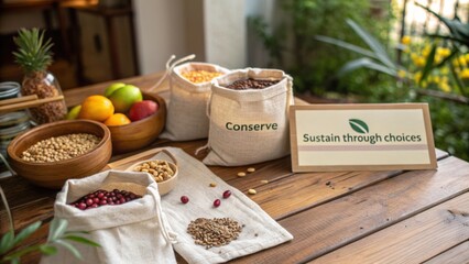 Natural ingredients displayed on wooden table for healthy lifestyle with message about sustainability and mindful consumption