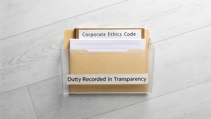 Document holder with corporate ethics code and transparency duty displayed on a light wooden floor background