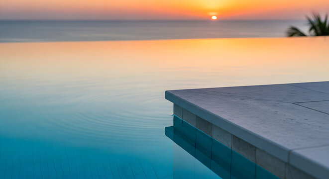 Infinity Pool Edge Detail Reflecting Tropical Sunset Over the Oc